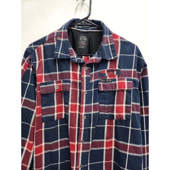 Wrangler ATG Mens Flannel Shirt Size Large Navy Red Plaid Button Up Long Sleeve - Picture 2 of 7